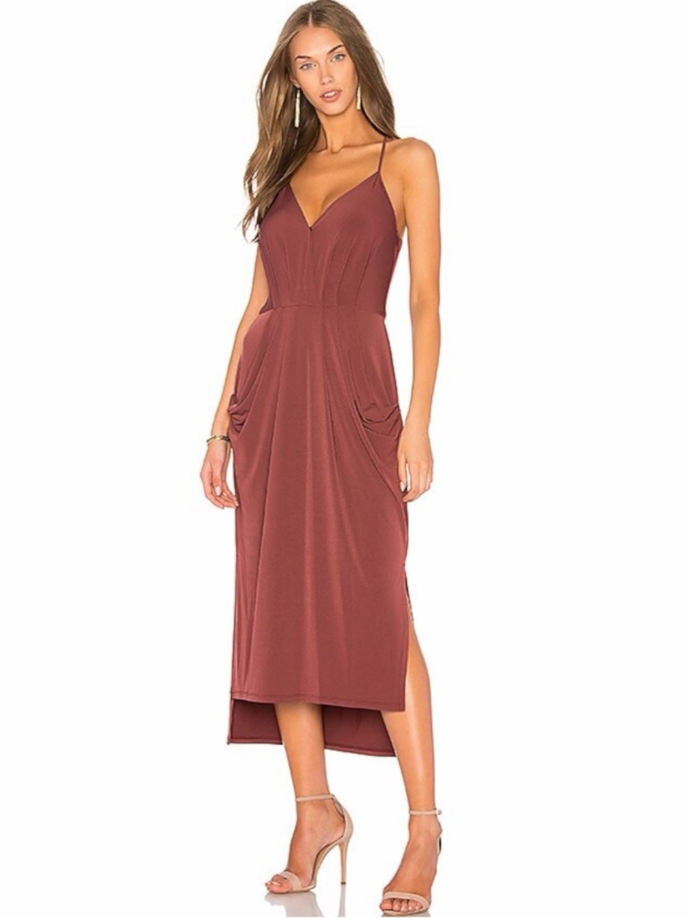 BCBGeneration Della Draped Pocket Faux Wrap Midi Dress - Mahogany Size Medium